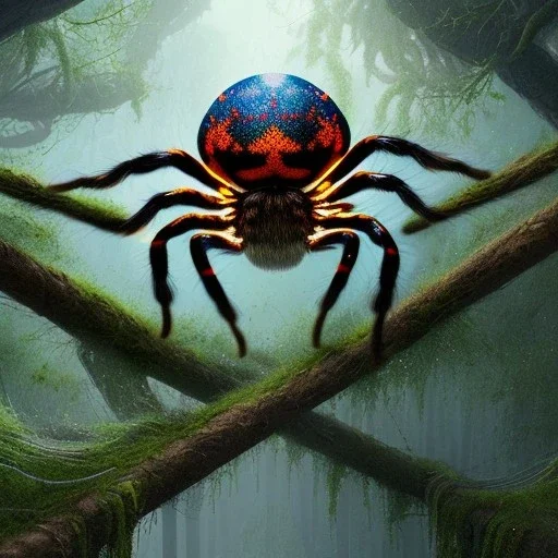 closeup on spider with big spider web ,wooden bridge in magical forest, spray painting, foliage frame, fantasy art , movie poster, Realistic photography, incredibly detailed, ultra high resolution, 8k, complex 3d render, cinema 4d, color corrected