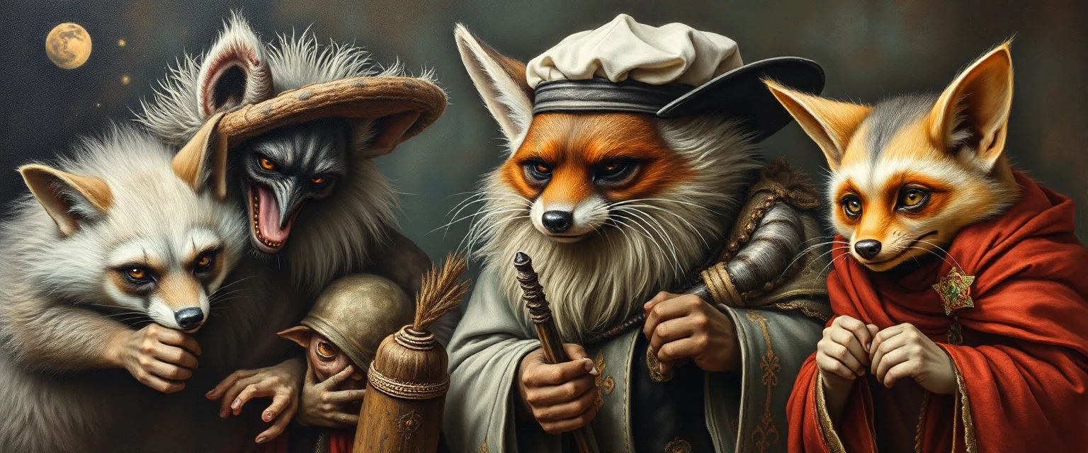 master oil painting with some air brush, fluffy human hyena fox merchant sailor priest racoon gremlin realistic and creepy, straight from the lich lab, in the style of Escher and Titian