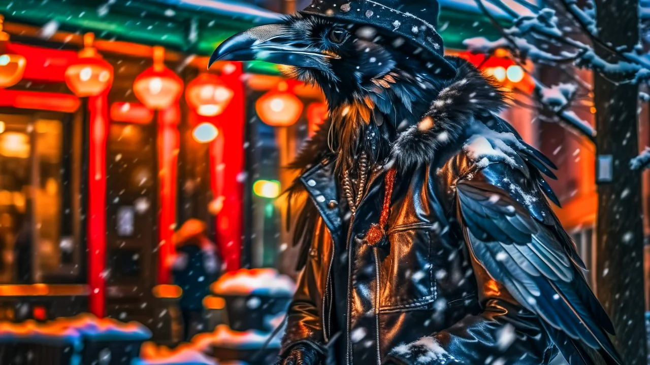 Capture a compelling image of a crow adorned in a punk leather jacket within a snowy Christmas atmosphere in the style of Egon Schielle. Embrace a expressionist style that accentuates the unique fusion of the edgy leather jacket and the holiday charm. Ensure the composition highlights the crow's distinct presence against the backdrop of a winter Christmas ambiance, creating a visually captivating scene.