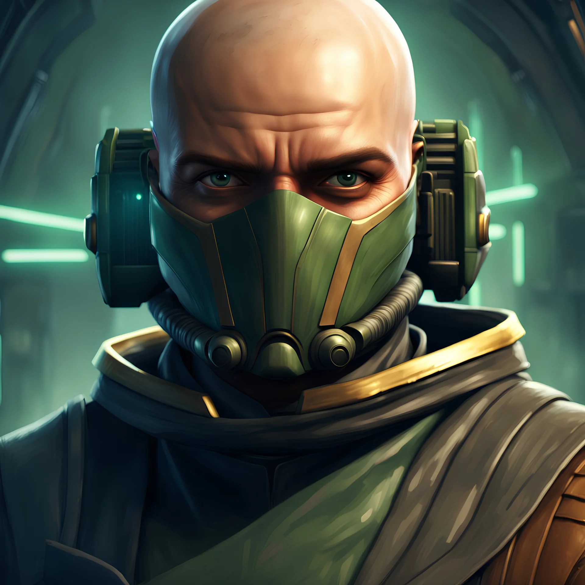 star wars bald male corellian jedi pilot wearing black and olive drab old republic armored flightsuit with gold trim inside the jedi temple holding a lightsaber with viridian green blade in left hand, centered head and shoulders portrait, hyperdetailed, dynamic lighting, hyperdetailed background, 8k resolution, volumetric lighting, light skin, fully symmetric details