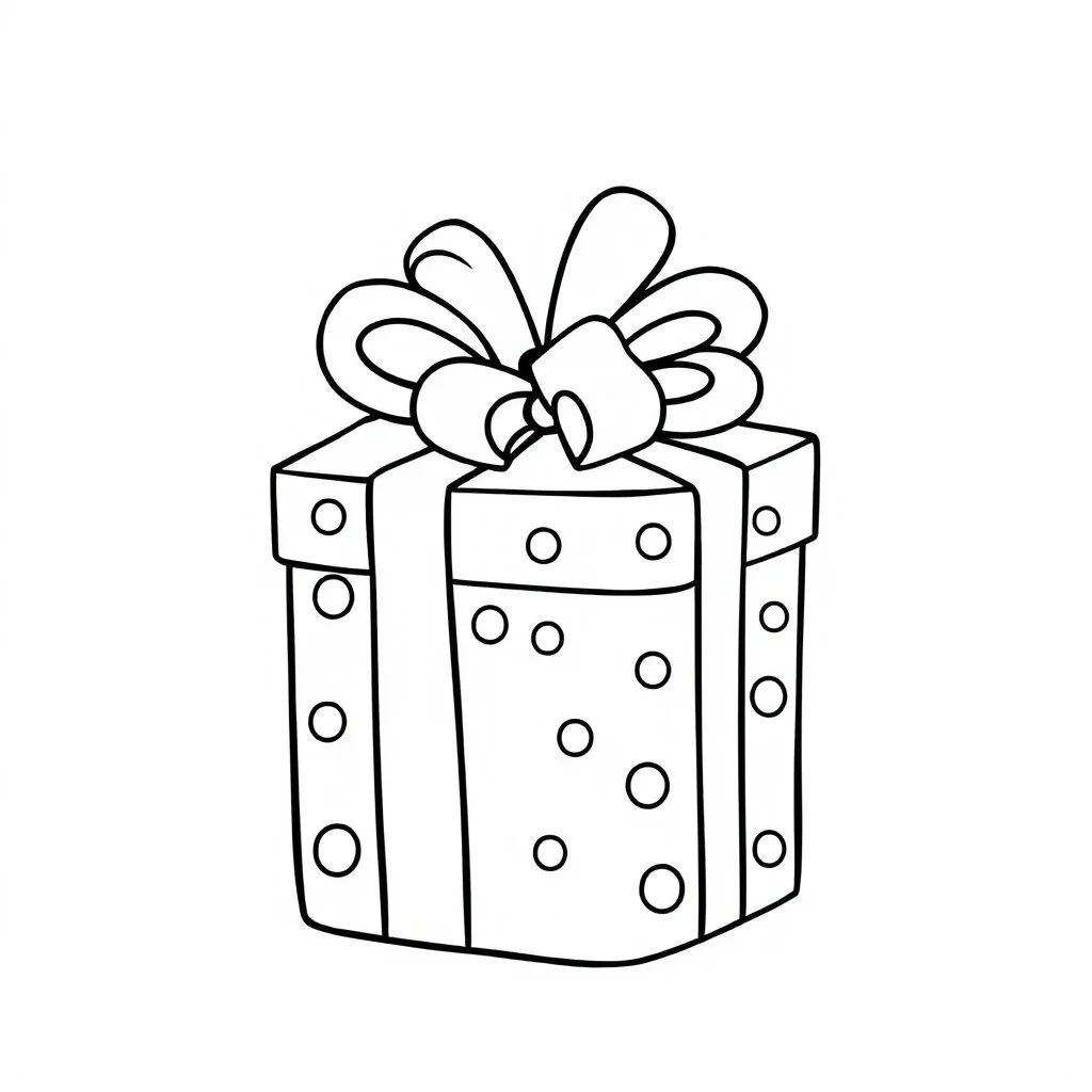 A black and white cute drawing of a Christmas present. Only outline, white background,for kids. The illustration should be in [SUPER SIMPLE], black and white, bold line art with a clear, mostly empty background. [INCLUDES ONLY OUTLINES WITH NO FILLED IN BLACK AREAS], ensuring no shading, no complex images, and making it very easy to color in between the lines.