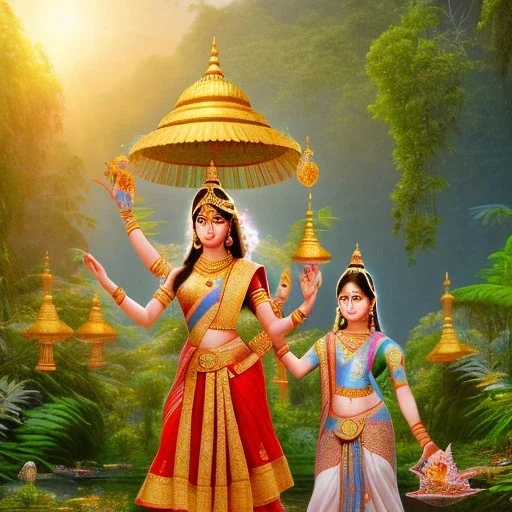 indian children in a temple at sunrise in the jungle, lake with lotus flowers, perfect composition, hyperrealistic, super detailed, 8k, high quality, intricate details, highly detailed