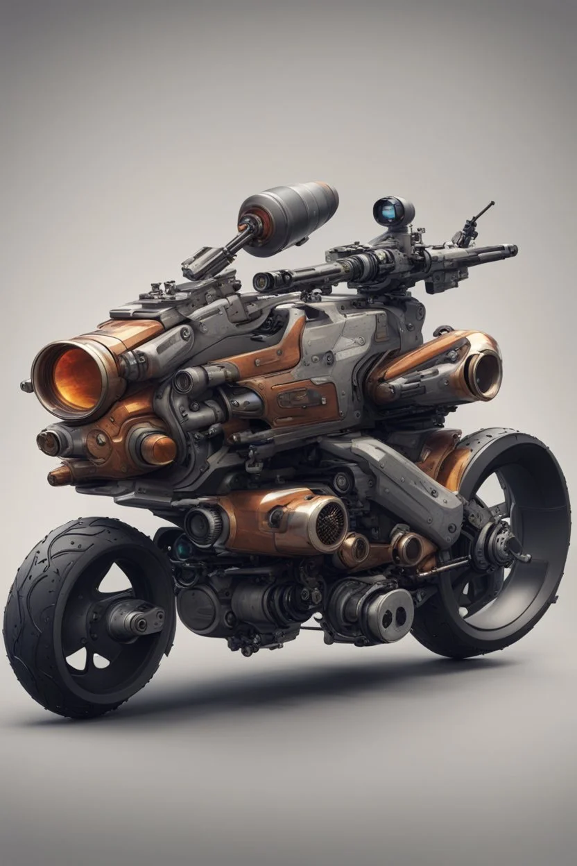 An advanced motorcycle with four wheels and a turbo jet in the back with rockets and machine guns