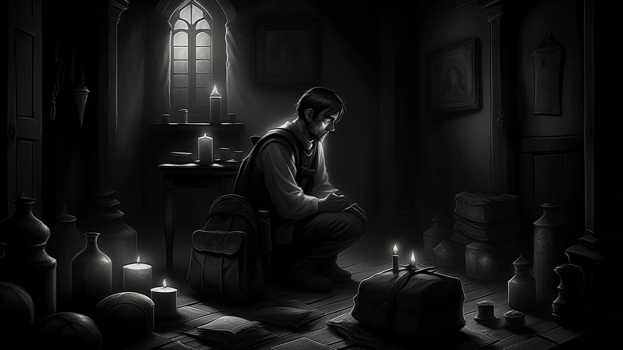 In this painful chapter full of sacrifice, the main character appears surrounded by an atmosphere of confusion and difficult decision. He discovers that the path to breaking the curse and freeing the bag cannot be easy, but rather requires a great and difficult sacrifice. Candles sit flickering in the corner, and the atmosphere in the room is charged with tension and anxiety. The person carries a frown on his face, deep in thought and bewilderment, as he realizes that there is a struggle before