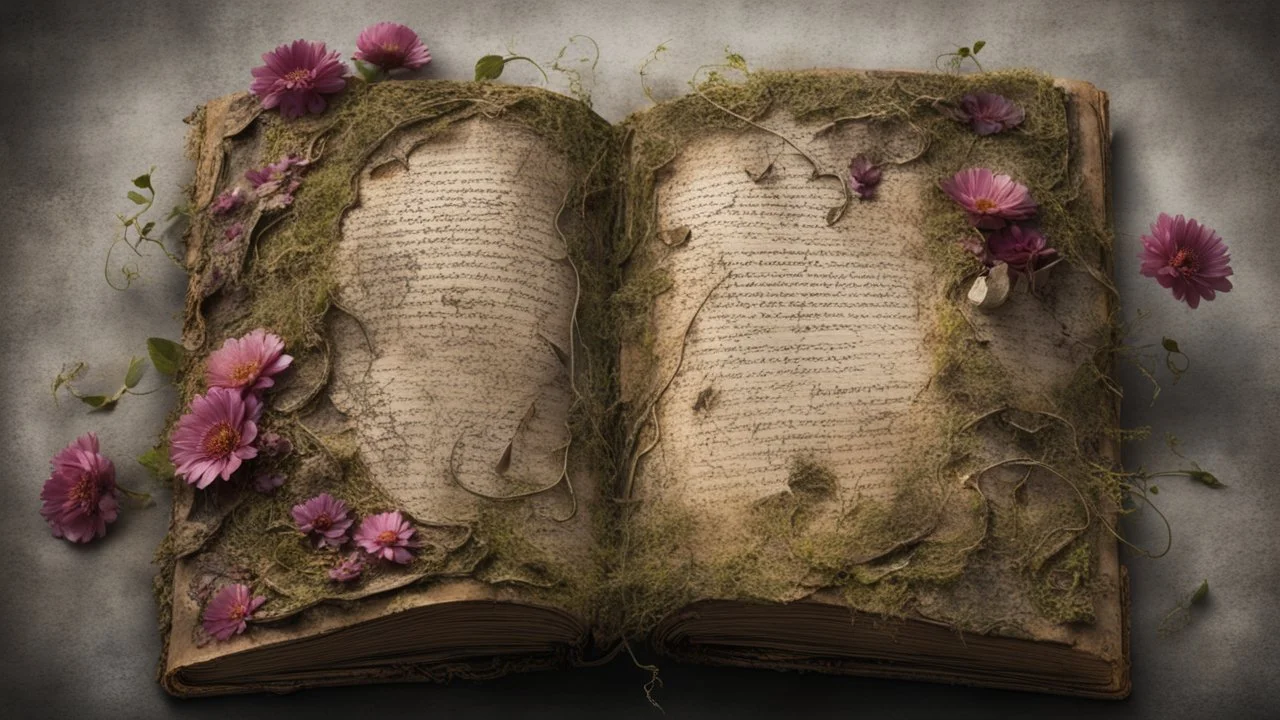 ancient spellbook, cover made from flowers, vines, tattered, loose pages