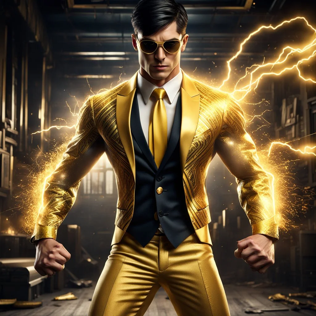 Hyper Realistic handsome muscular Electric-Superhero with short-black-hair wearing long-fancy-yellow-tuxedo-with-golden-circuit-patterns, Black-shirt & Golden-electric-tie & fancy-golden-sunglasses aggressively-unleashing-thunderbolt-from-his-punches in a dark-rustic-circuit-room with electric-sparks-&-rays & a massive circuit-board-wall with-glowing-embers showing dramatic & cinematic ambiance.