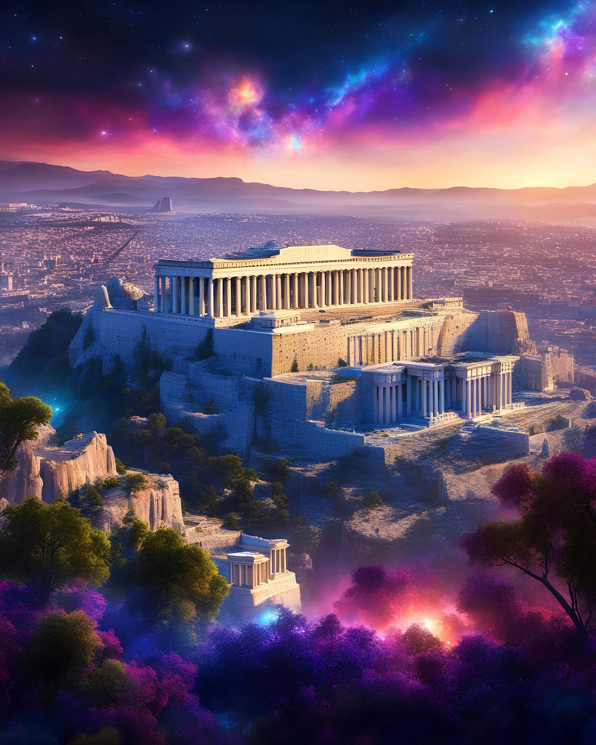 Design a prototype of the Acropolis of Athens with futuristic architecture, realistic image, photorealistic, ultra realistic, futuristic style, super detailed, extremly detailed, in vibrant colors, stalking in a cosmic environment, floating, cosmic starry background, nebula, colorful holographic, holographic glow, Bioluminescence, high resolution image, centered image, full body length, 64K.