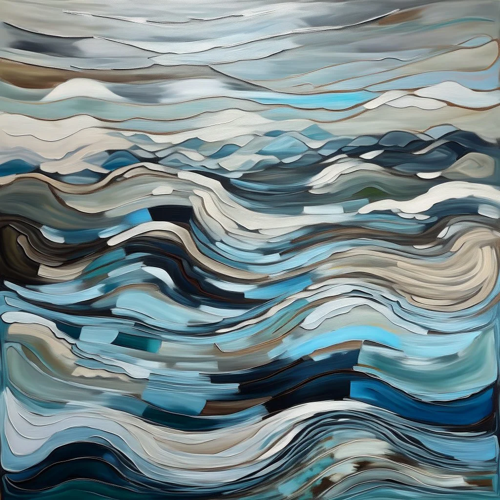 The abstract painting of a surreal, dreamlike landscape, which evokes a sense of mystery and introspection. The composition is divided into clear horizontal strips, each with its own textures, colors and shapes. At the bottom, undulating layers of earth tones and blues create a sense of depth and movement, reminiscent of a fragile body of water or a layered geological formation. This grounding base anchors the more ethereal elements above. From this base rises a lone, bare tree shown in silhou