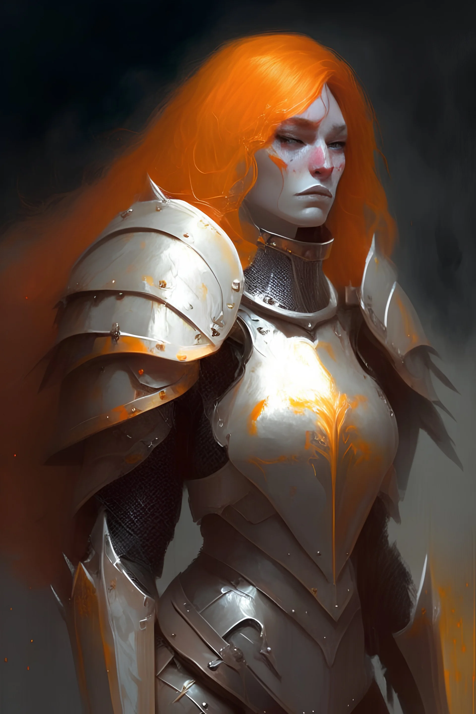 Paladin in dark armor, orange hair, orange eyes, standing in mists, Female, dark art, Ivory Peach skin