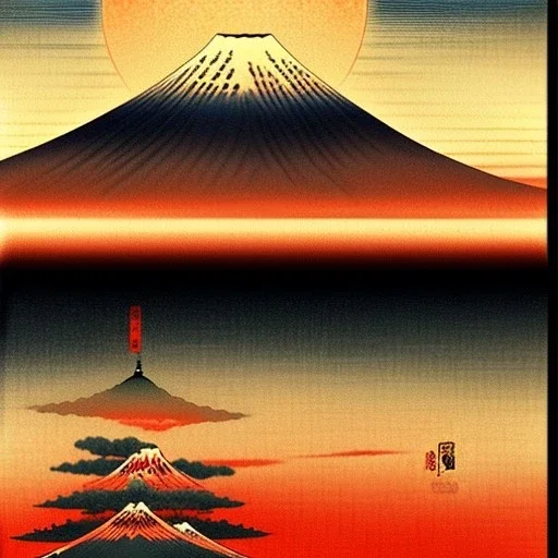 Ukiyo-e painting of a mount fuji at sunset