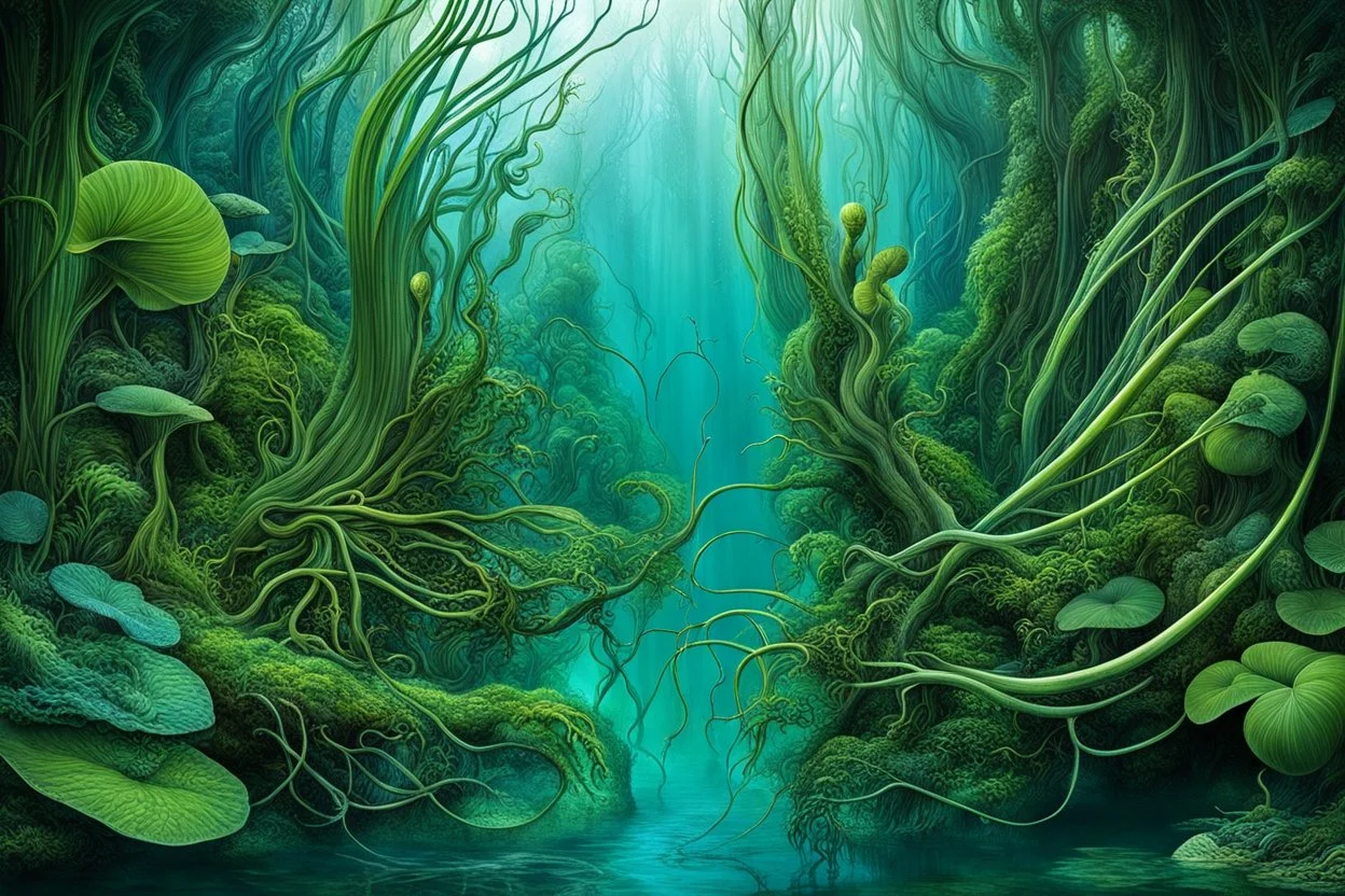 Ecological Art, plants, floating earths, long leaf tendrils, green colors and shades, blue waters, mitical ecocreatures living fascinating in stunning alien flora, intricate details, sharp focus, filmy , surreal, frighteningly beautiful, perfect stunning composition