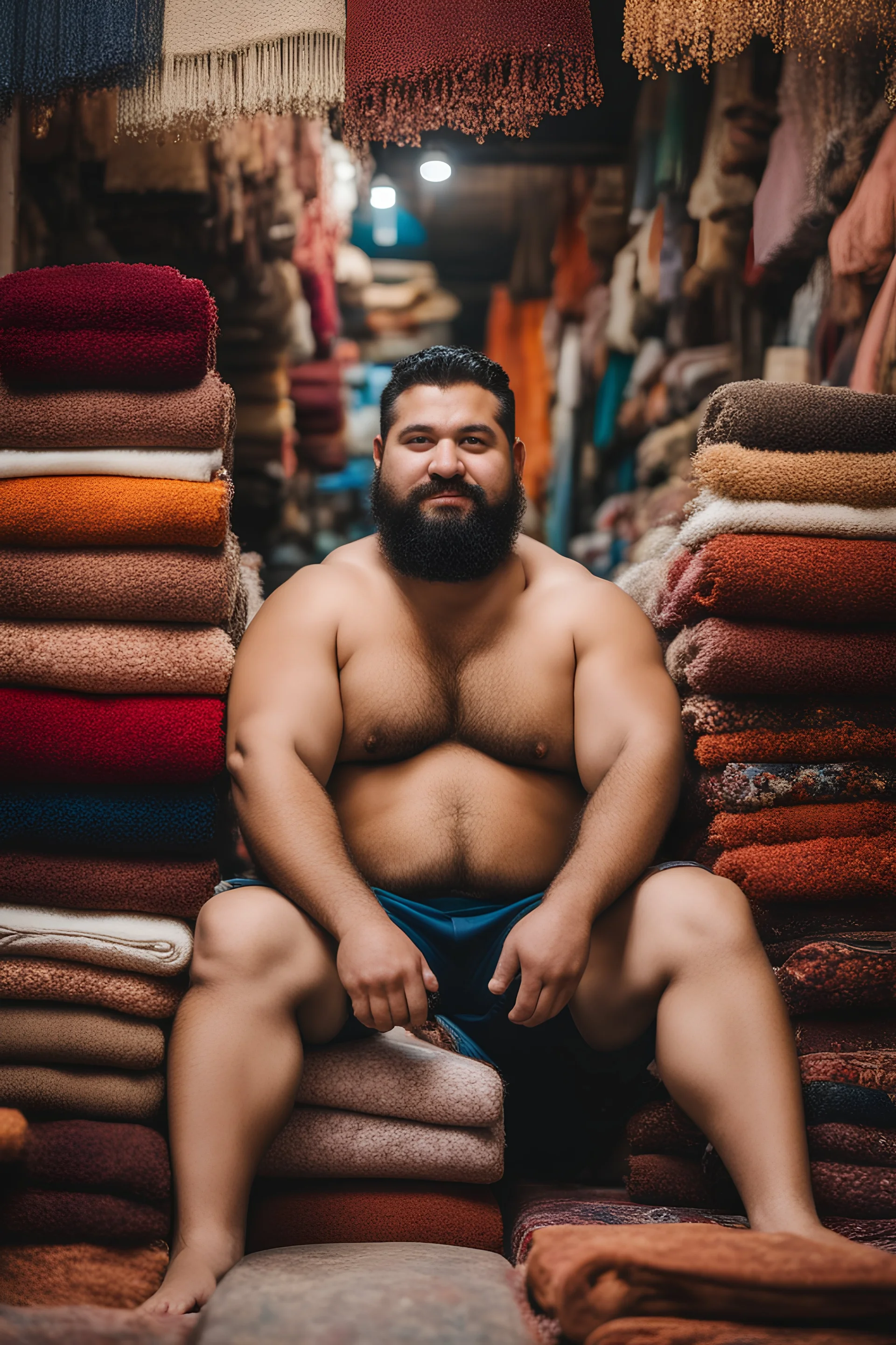 close up photography of a burly chubby muscular strong 26-year-old turkish man in Istanbul bazaar, shirtless, wearing shorts, short beard, selling carpets sitting on a pile of carpets, big shoulders, manly chest, very hairy, side light, view from the ground