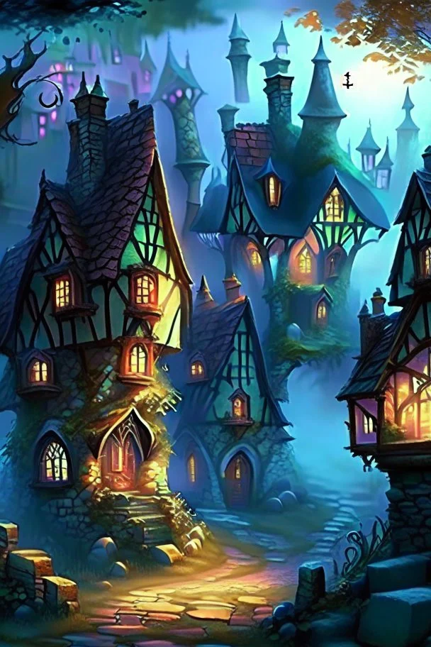 Fantasy village with cobblestone houses with stained glass windows. It's misty and looks cheerful but mysterious.