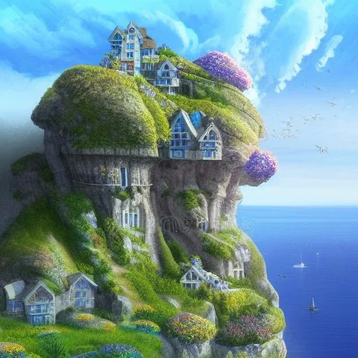  Skyscraper sea house between cliff ,sea cliff, hill peak,blue sky,detailed facades+beautiful,richly detailed houses,trees,ornamental flowers +uphill road+biopunk+Book illustration by Gediminas Pranckevičiuss highly detailed, 16k resolution