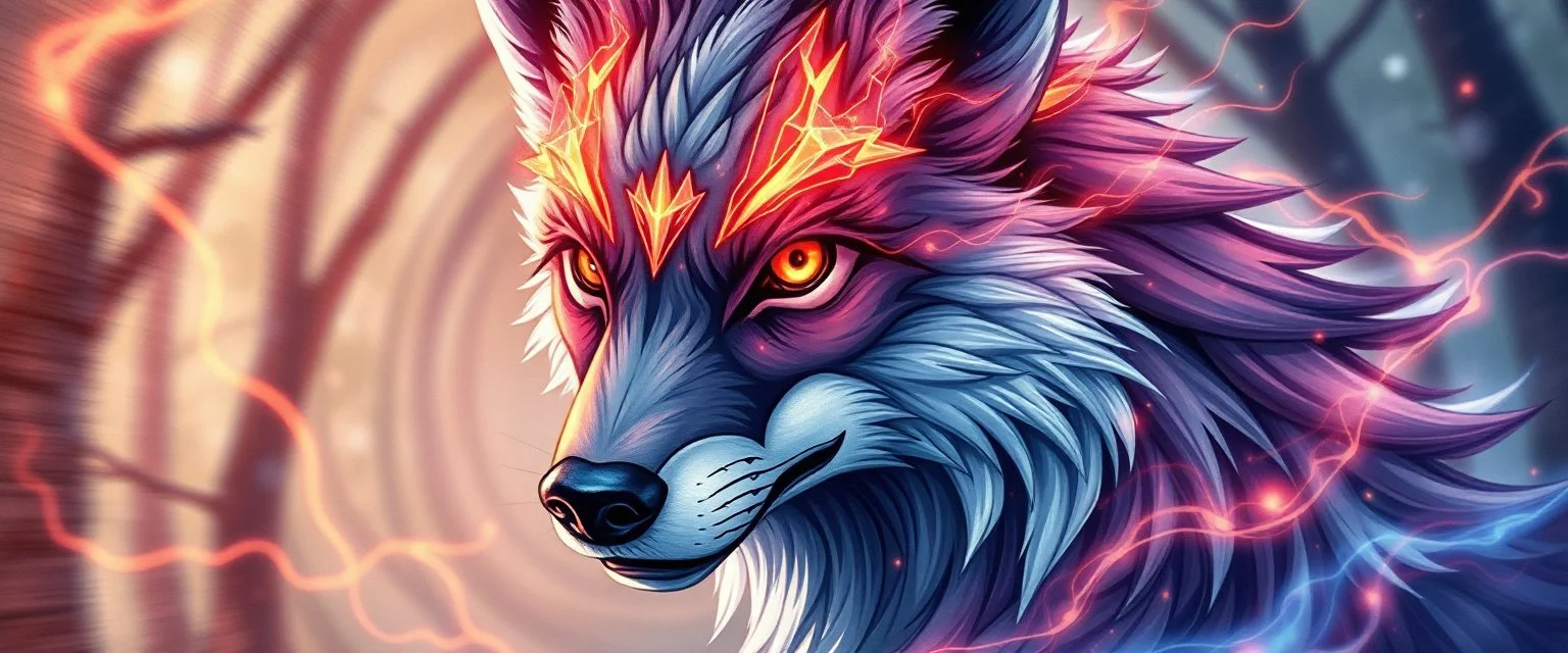 airbrush and pen outline, ewK \\\magic man and cartoon with background as motion blurred forest twisted like a zoomed tunnel, staring blink wolf close up portrait of a plasma racoon fox horse king lama shape shifter flickers like hypnotic fire in geometric shapes like a dna swirl of time and a fearsome planeswalker covered in powerful runes