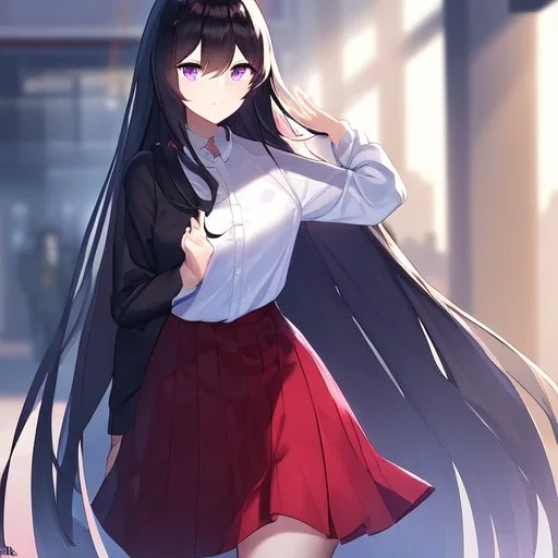 Clear focus,High resolution, Black long straight hair, Long bangs, and purple eyes, wearing a shirt is red, skirt is black, sleeve is white