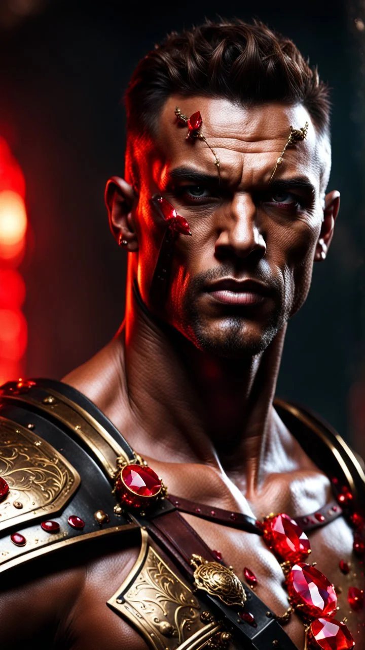 portrait of a 35 year old Handsome muscular mercenary with light bronze skin adorned with rubies. dark fantasy. photorealistic