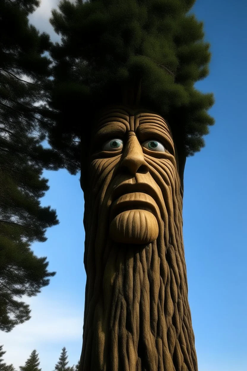 A tall pine tree with a human-like face that can talk