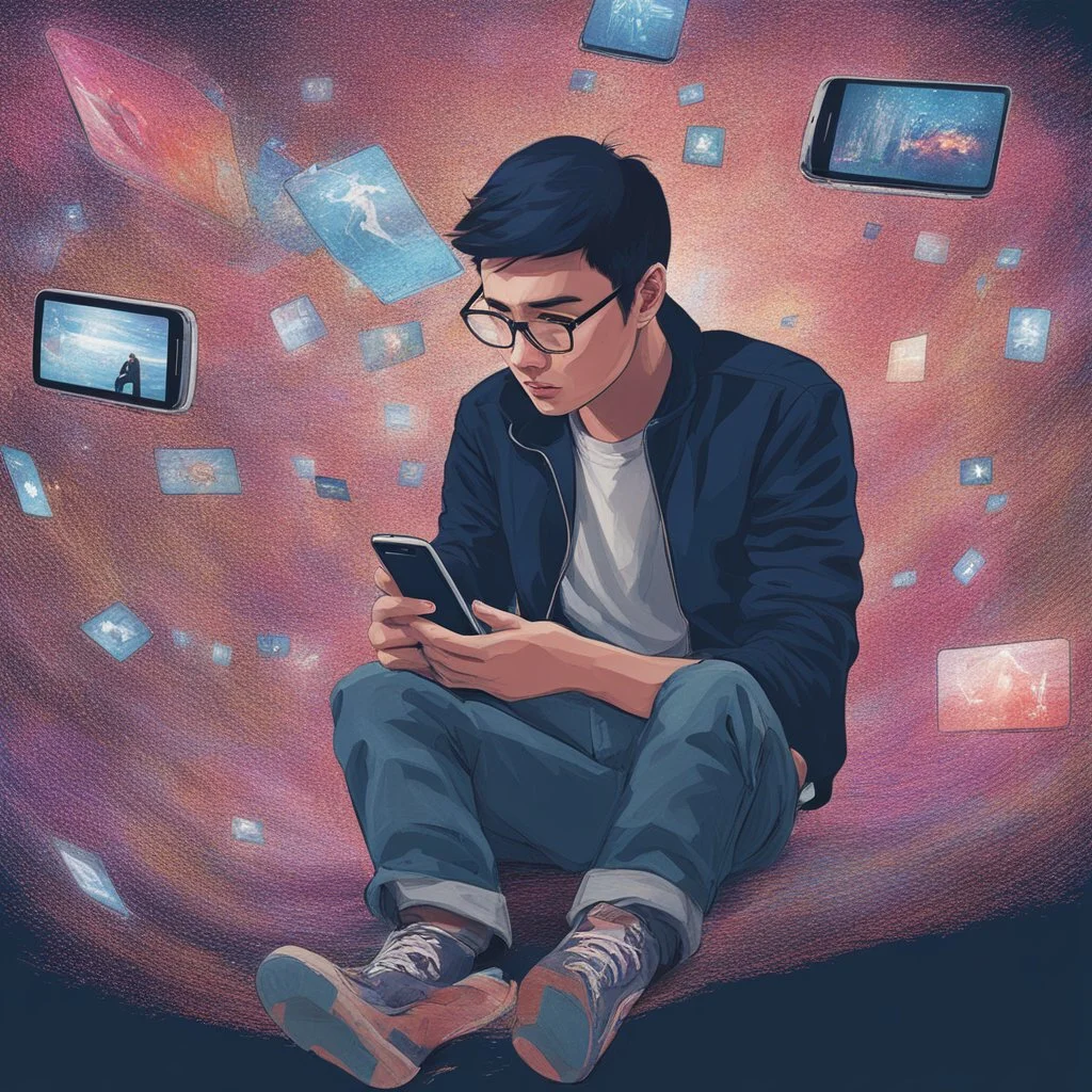 **Cinematic Illustrations:** A young person sits mesmerized by a smartphone screen, bombarded with radicalizing messages disguised as entertainment. The fractured visuals represent the manipulation of online algorithms and the vulnerability of individuals. **Appearance:** cinematic portraits while lacking visuals, aim to be mesmerizing through their metaphorical storytelling, intuitive through clear representation of complex ideas, persuasive through their emotional impact, intriguing through t