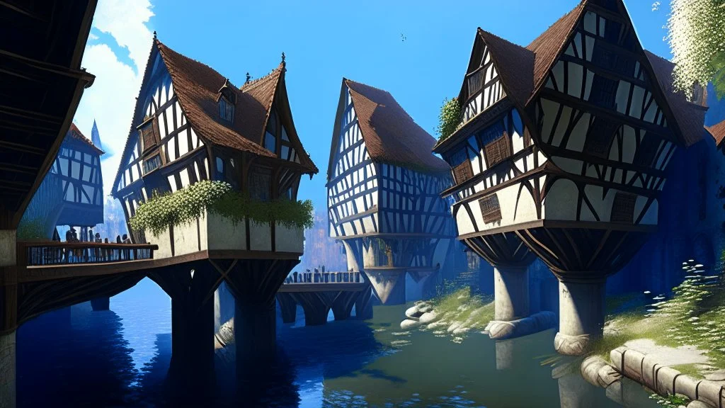 medieval buildings with balconies overhanging a river, blue sky and people, photorealism, trees, foliage, piers, ultra-sharp image, sharp focus