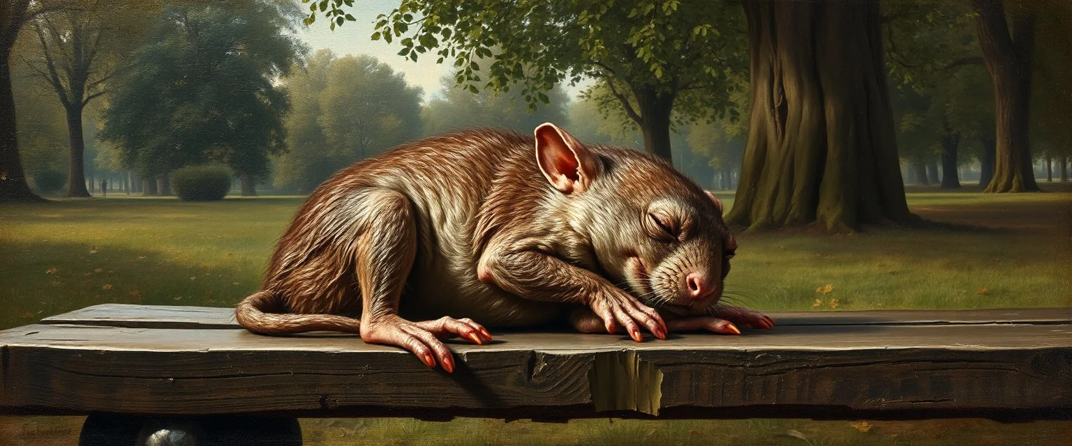 master oil painting by Rembrandt, fat old rat gremlin sleeping on a bench in the park