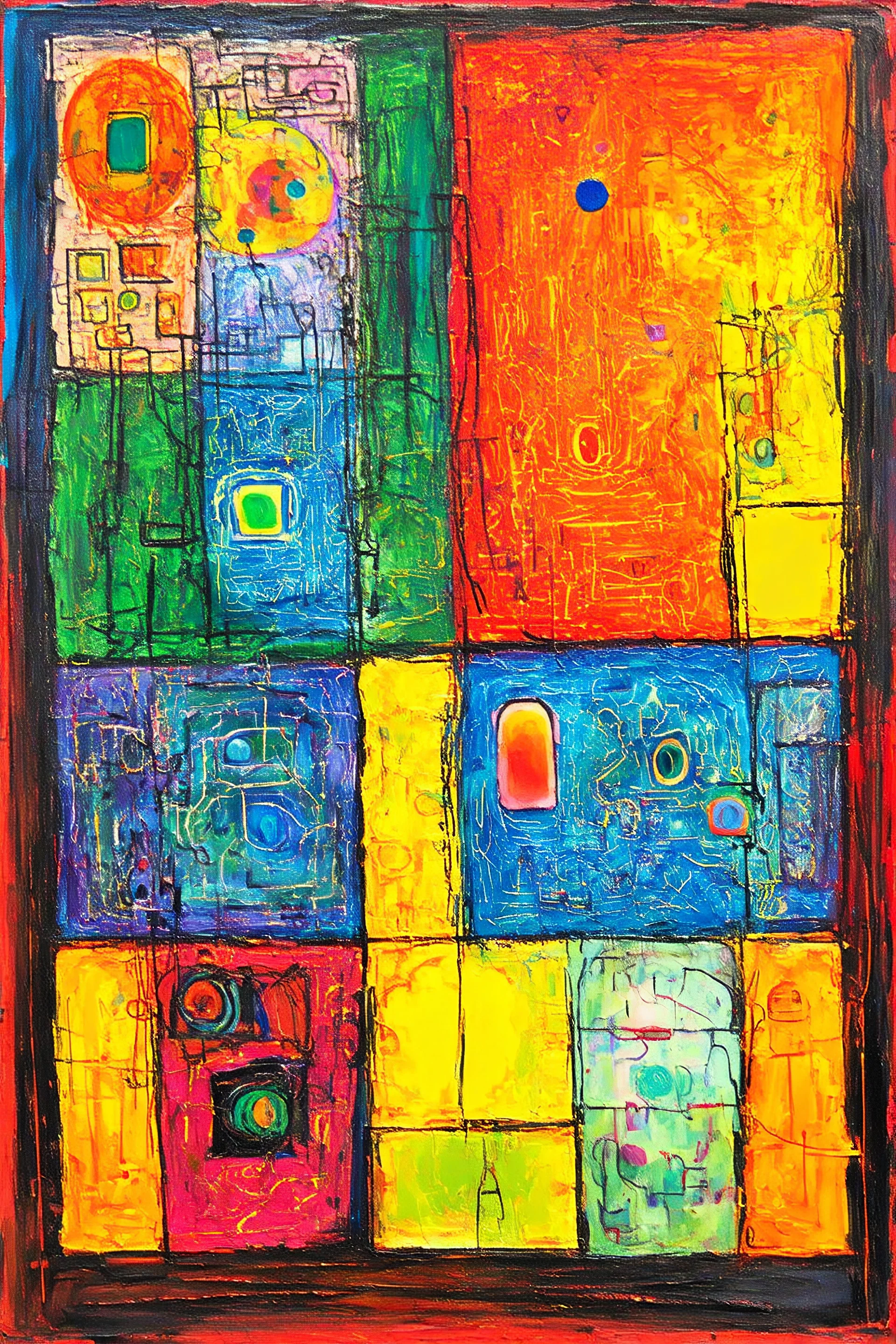 Energetic pairs of opposites; a painting with an admixture of Paul Klee and Hundertwasser