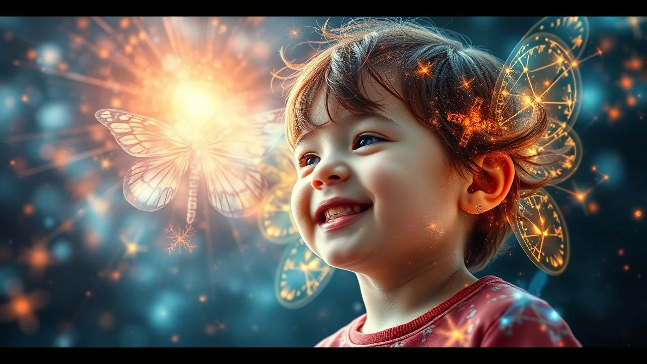 Abstract fantasy: telepathy, one young child, chrysalids, Wyndham, delight, empathy, smiling, harmony, ecstasy, award-winning photograph, abstract image, beautiful composition, science-fiction, beautiful, wonder, joy, happiness, richness, the power of thought, love, joy, personal faith in God