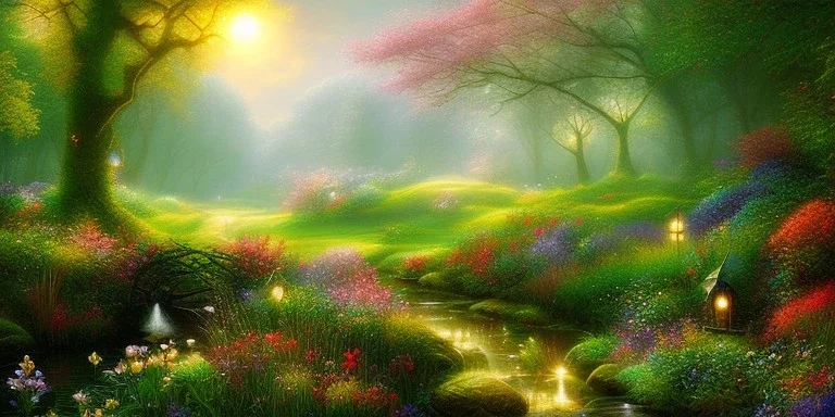 bright fairy, beautiful portrait, flowery landscape