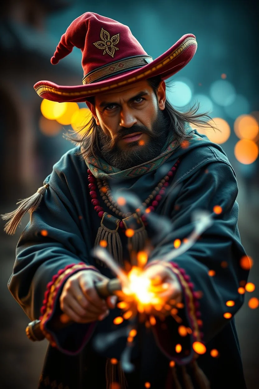 magic swirl, true grit, Mexican native american stand off fast draw poncho cowboy wizard wand slinger ,bokeh like f/0.8, tilt-shift lens 8k, high detail, smooth render, down-light, unreal engine