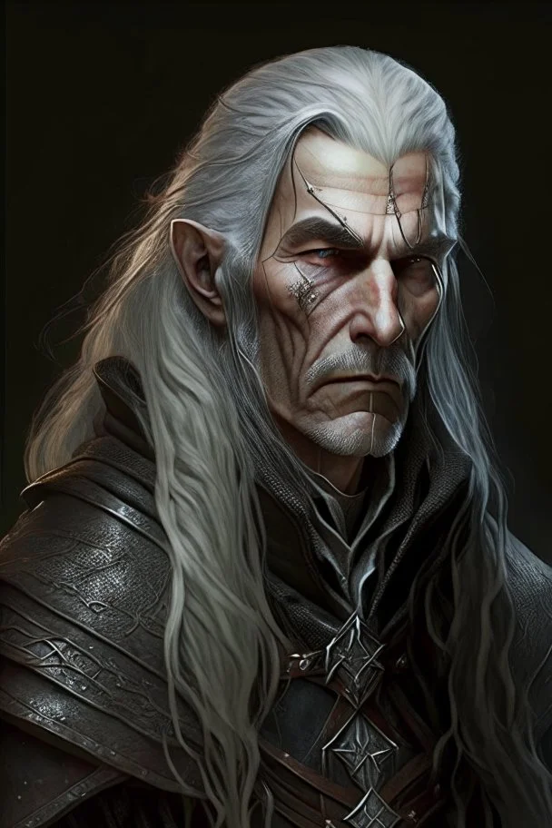 ancient grizzled, gnarled elf mage, he has long, grey hair streaked with black and sharp cheekbones. His eyes are black. He wears weathered medieval leather clothes. he is lean and tall, with pale skin, full body with thigh high leather boots