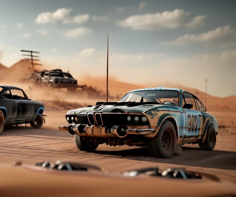 Realistic image. Mad max car. BMW 4 series, 2023 . woman in the foreground. 4k resolution, intricate details, ornate details, soft lighting, vibrant colors, mad max background