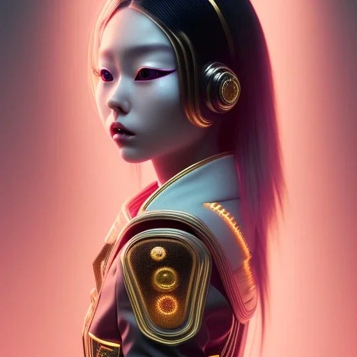 Cyber teenager, blonde, geisha style black hair, white skin, Japanese pattern dress, velvet, gold, cyberpunk style, purpurin, highly detailed, art stations, concept art, smooth, unreal engine 5, god rays, ray tracing, RTX, lumen lighting, ultra detail, volumetric lighting, 3d, finely drawn, high definition, high resolution, gradient background