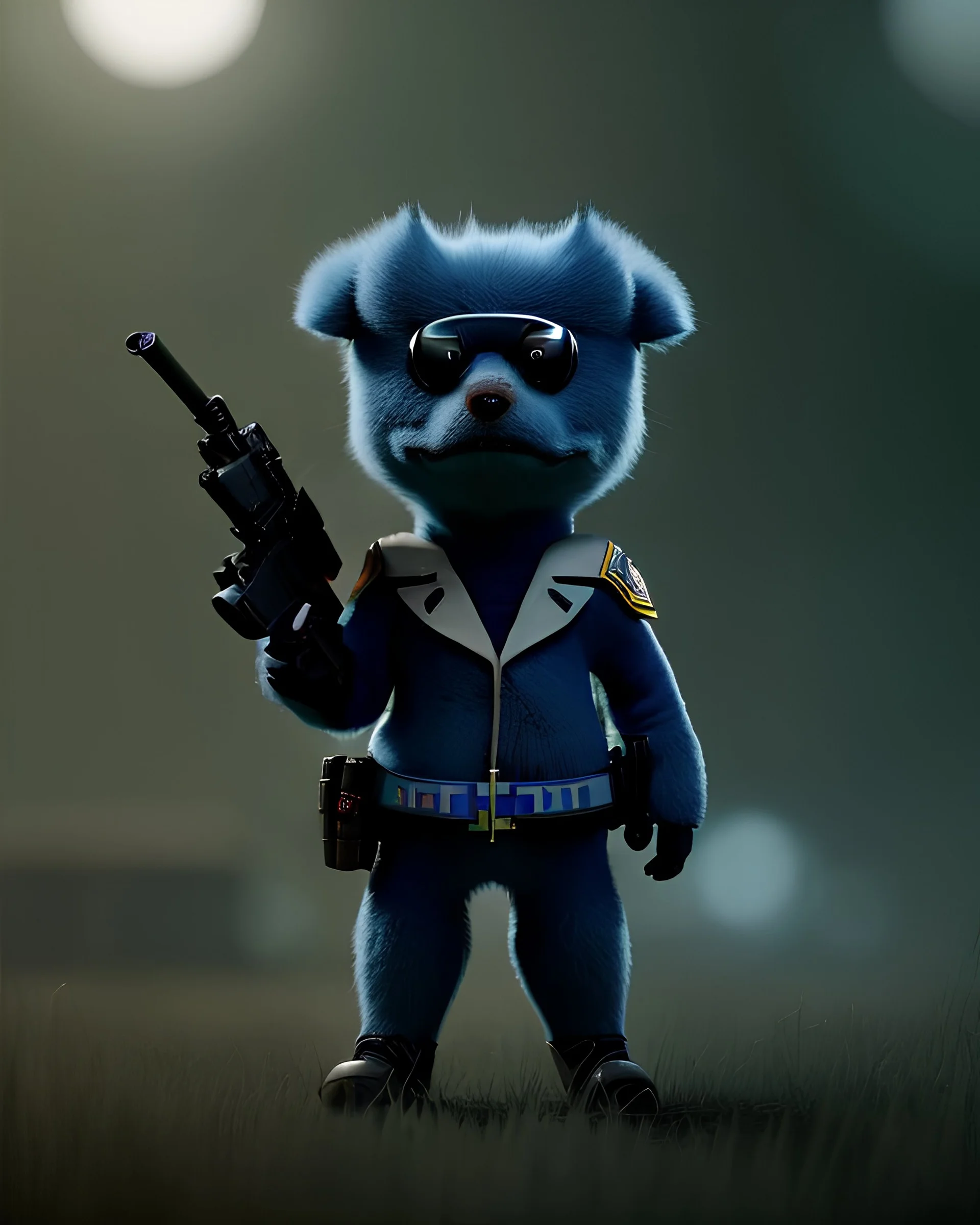 a cute litte muppet wearing policeman, holding a gun, BK complex detail, cinema, reality, detail, octane rendering, stoic cinematic 4k epic detailed photograph shot on kodak detailed bokeh cinematic hbo dark moody 8k, 85mm f/16 by leica