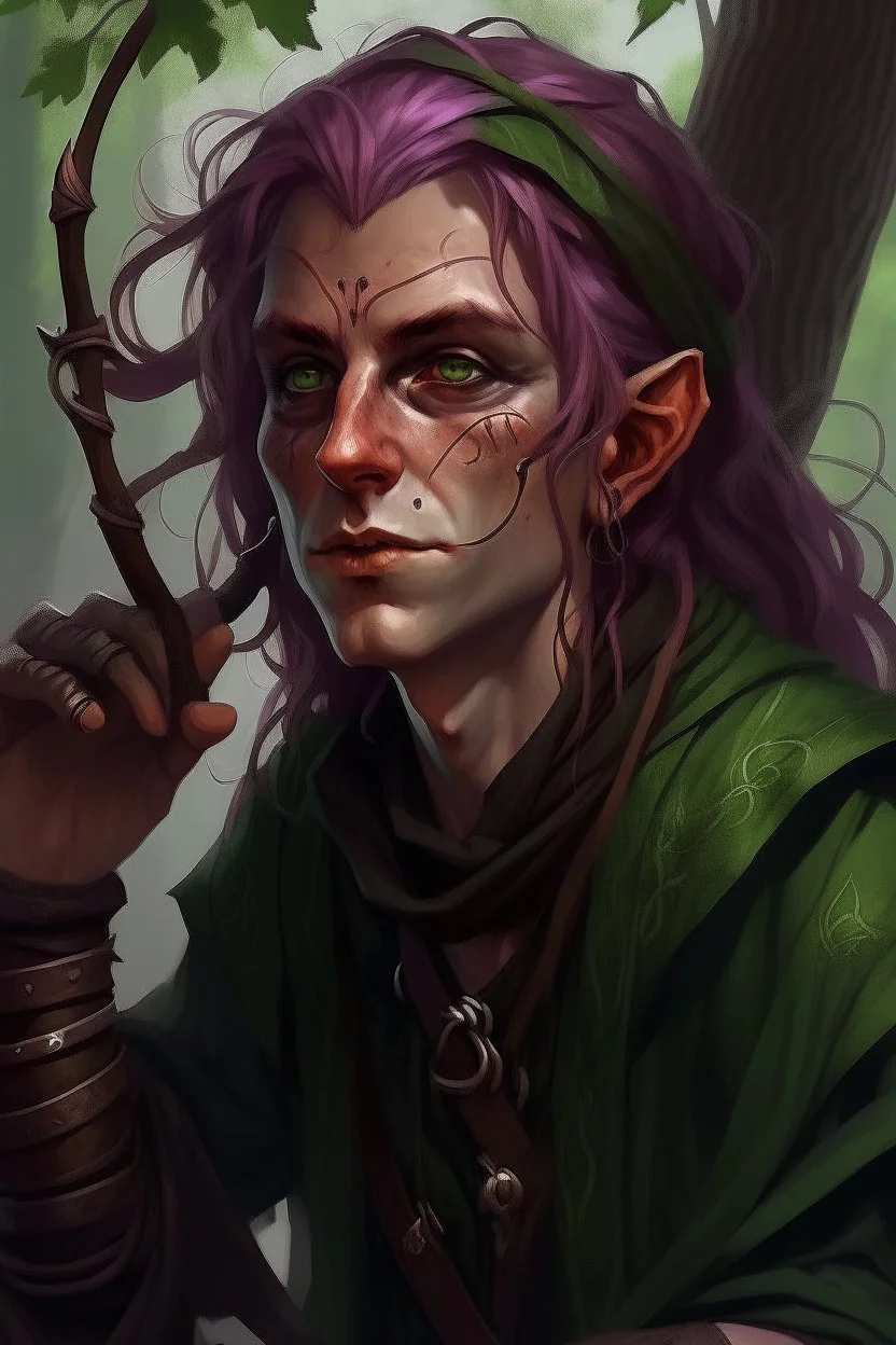 Middle aged wood elf, rogue assassin, dark copper skin, bright green eyes, messy mauve hair, sneaky, trees, stoner, long bow, black leather straps, disheveled, smoking weed