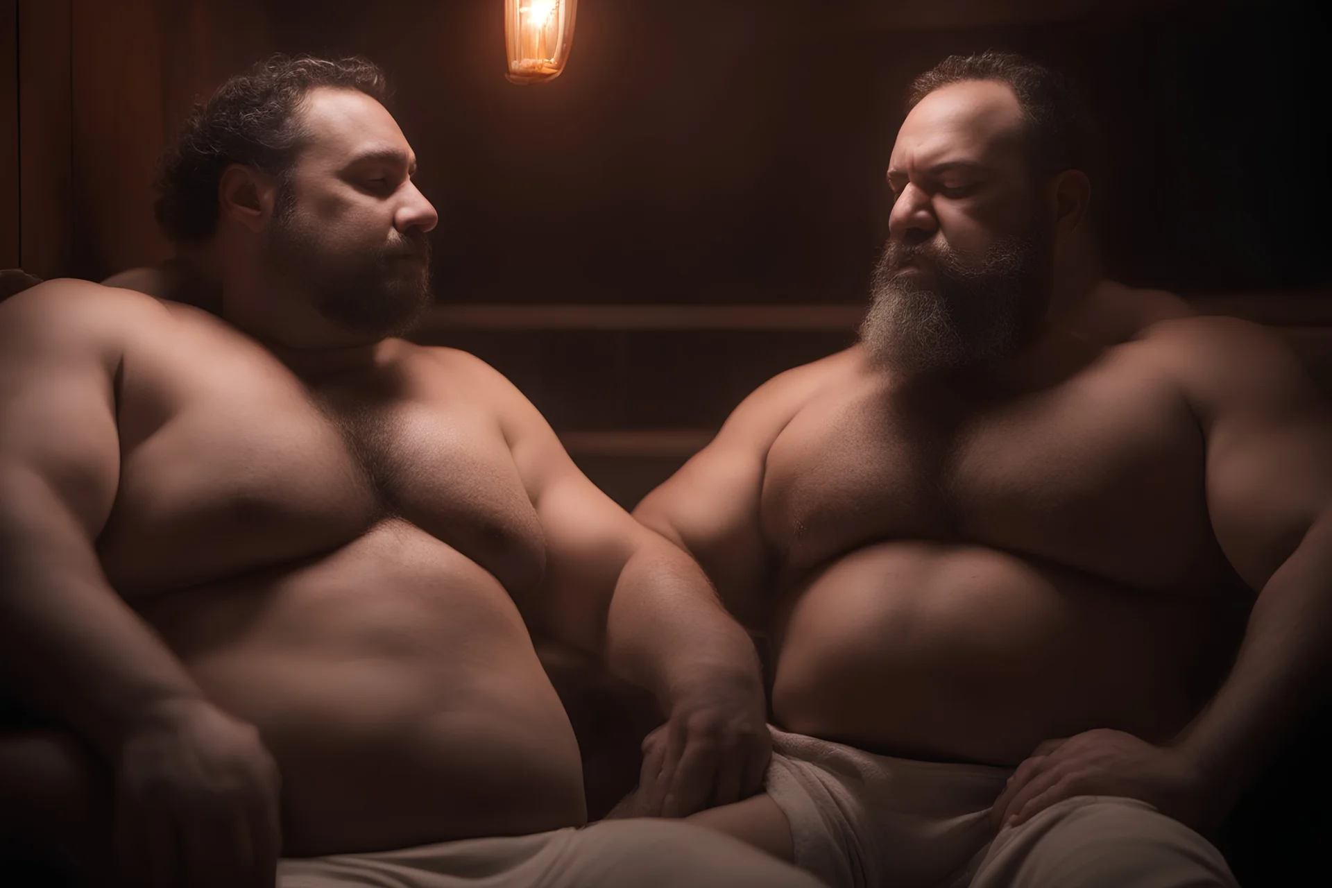 full body shot photography, two muscular chubby ugly burly marocan men , sweat, bulge, masculine hairy 43 year old man, curly hair, manly chest, curly beard ,big shoulders, big arms, big legs, bulge,, ambient occlusion , lying down sleeping in a steamy Sauna, super high resolution, 8k, dim light, side light, ultra hyper realistic, frontal view