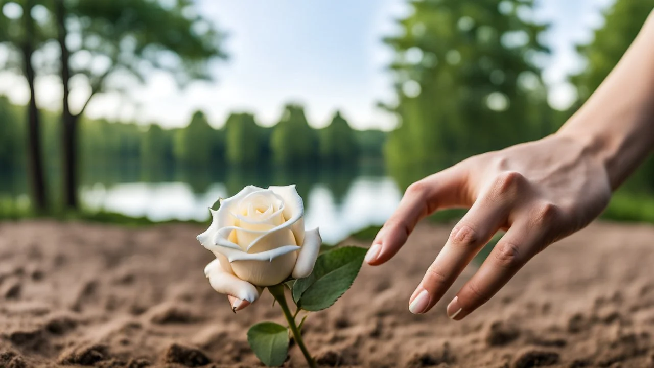 a young woman's perfect hand planted a white rose stem in the ground, in the background a lake, some green trees, ultra detailed, sharp focus, perfect hands with five fingers, perfect photo