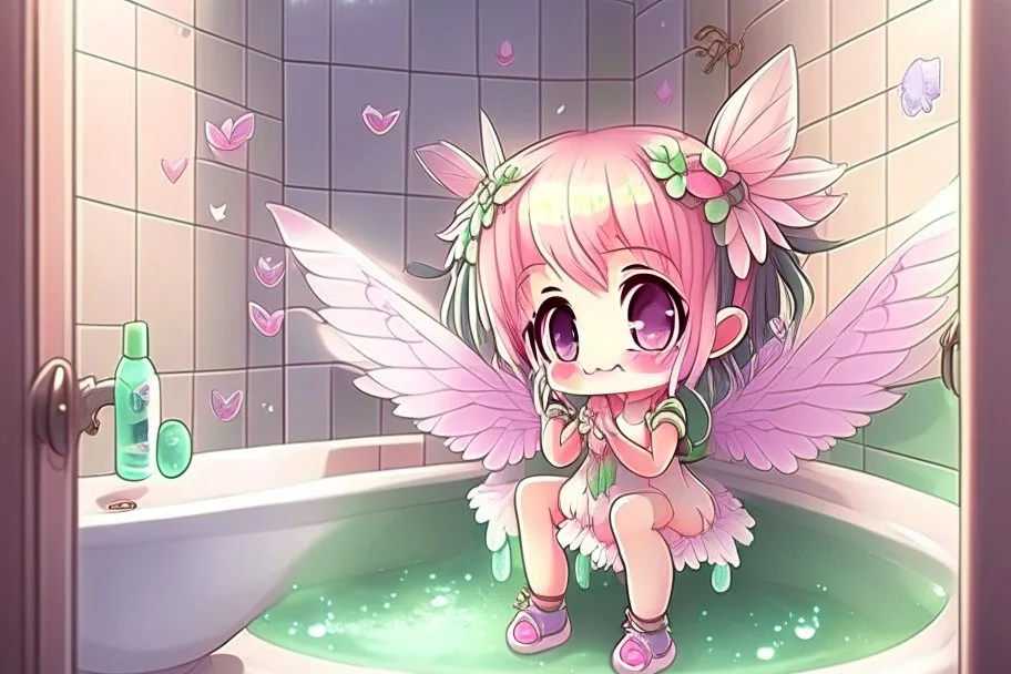 cute anime chibi fairy in the bathroom