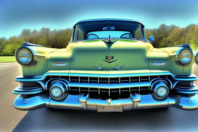 a true-to-life 1951 cadillac deville, classic wheels, pen and color marker, centered, intricate, extreme detailed, photorealism, center view, drive-in background, pivot on cadillac, painting by cheryl kelley