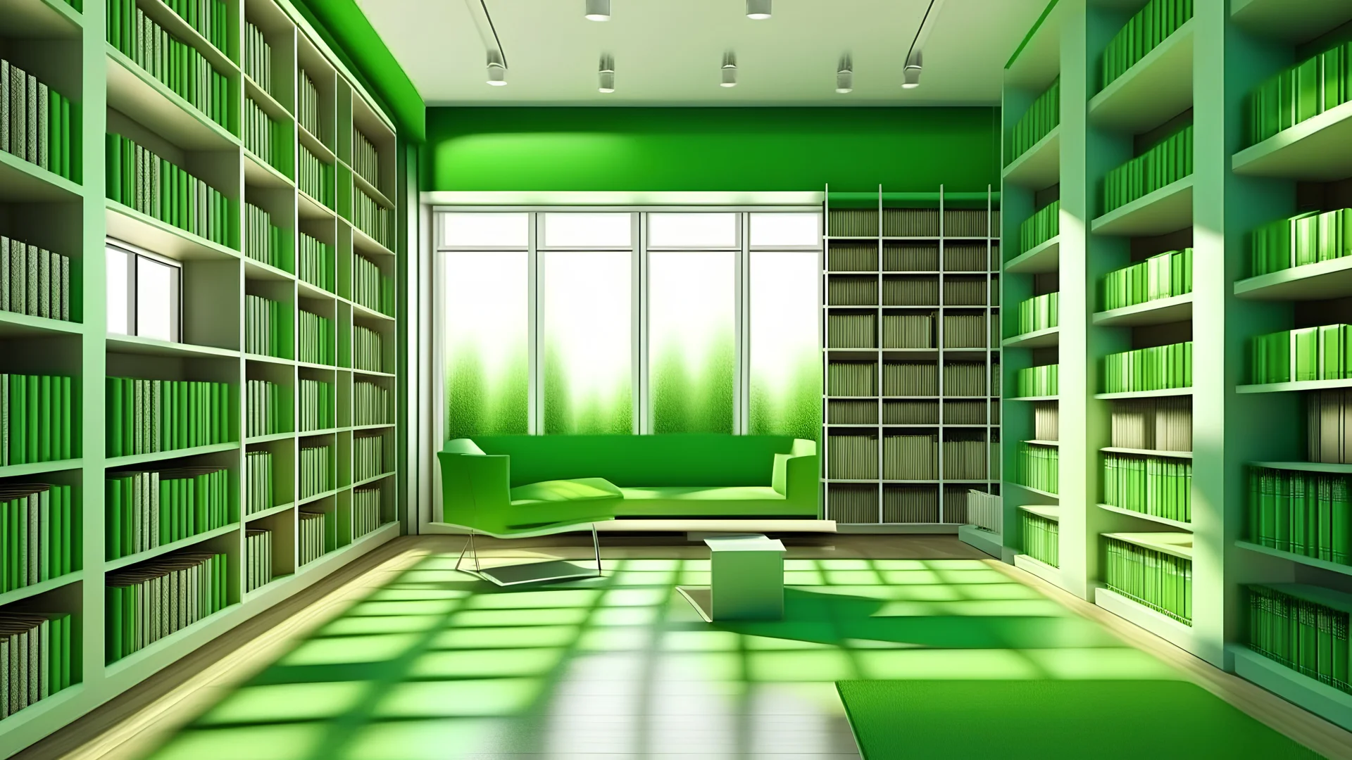 Modern green library interior with sunlight. Decor and desing concept. 3D Rendering