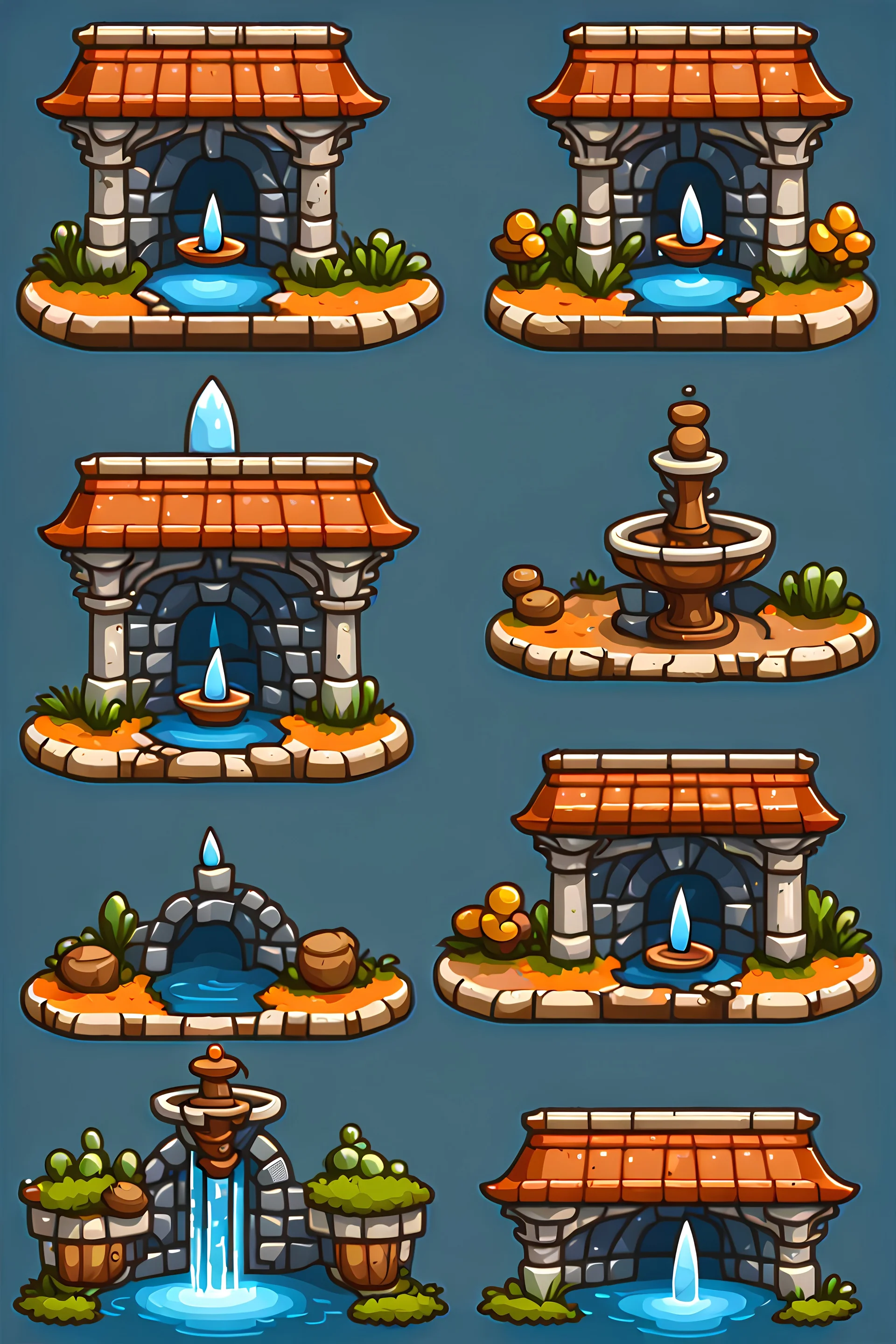 medieval fountain tileset for 2d platformer with perspective view