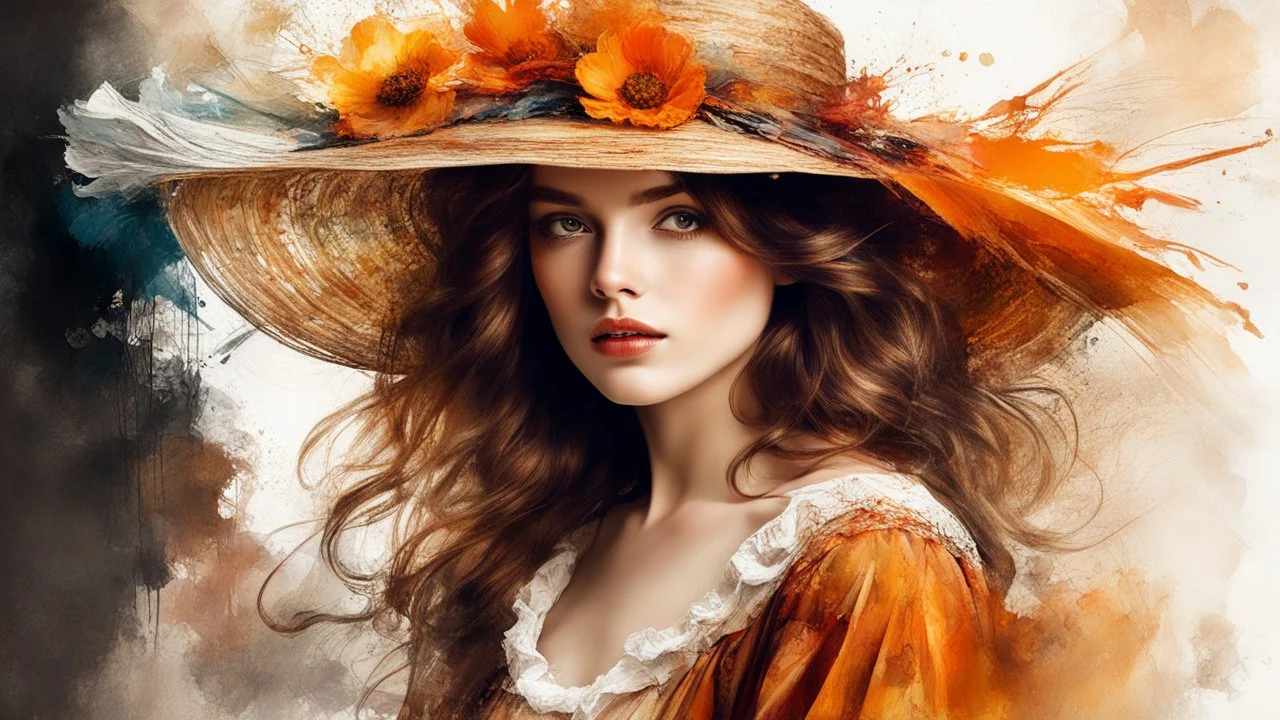 Vintage art, brown and orange shades, sunny day, straw hat for woman, summer dress, splashes of art, in the style of Dante Gabriel Rossetti, Yossi Kotler, Camilla D'Errico, masterpiece, fine art in the style of Carne Griffiths, Paula Hoppe