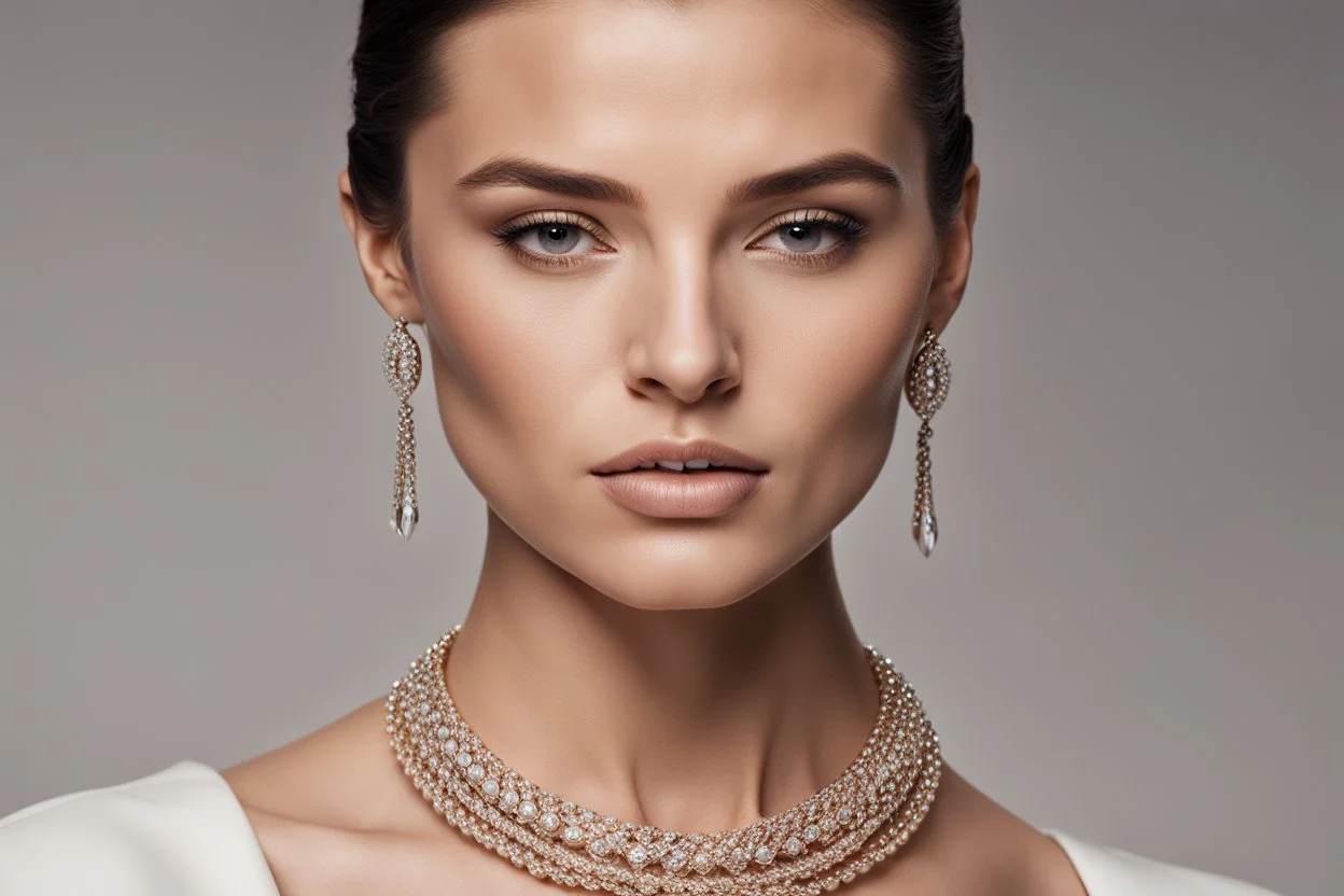 image of a woman with a necklace and earrings, by Emma Andijewska, chaumet style, bvlgari jewelry, inspired by Emma Andijewska, zoomed in, chaumet, by Zahari Zograf, by Mathias Kollros, slicked-back hair, soft portrait shot 8 k, beauty campaign, close portrait