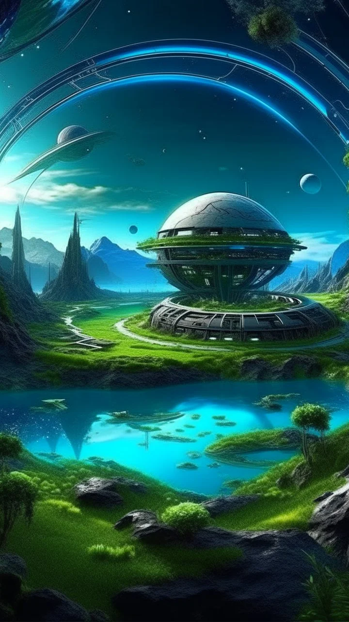 sci fi planet, space station, lakes, rivers, plants, mushrooms, vines, northern lights