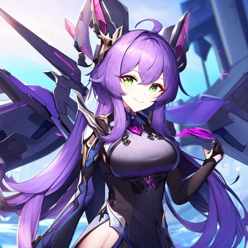 Clear focus,High resolution,High quality, Smiling, Purple long fluffy hair, Green eyes, Wearing a pink mech uniform, Honkai Impact Star Rail