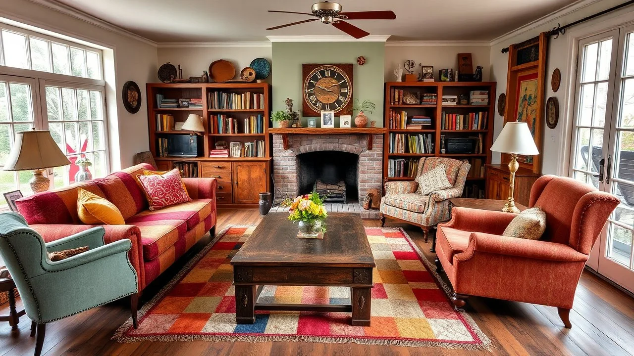 An eclectic living room with mismatched but stylish furniture, including a colorful sofa and vintage armchairs arranged around a rustic coffee table. The room has a single fireplace with a mantel displaying family heirlooms, a patchwork rug on the floor, and bookshelves filled with a variety of items. There are unique wall decorations and plenty of natural light from large windows. Award-winning photograph, beautiful composition, exquisite detail and illumination