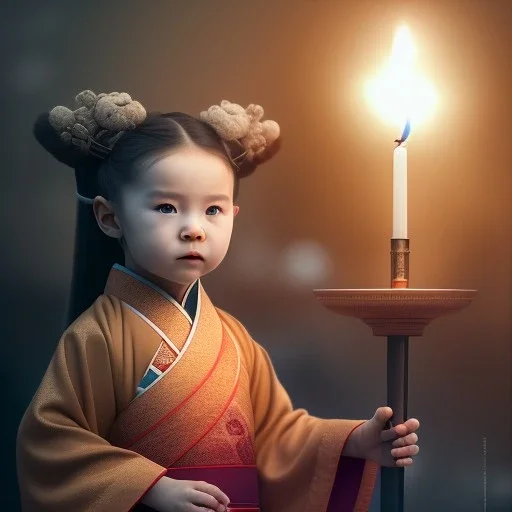 a cute litte human toddler wearing Hanfu, holding one large candle, BK complex detail, cinema, reality, detail, octane rendering, stoic cinematic 4k epic detailed photograph shot on kodak detailed bokeh cinematic hbo dark moody 8k, 85mm f/16 by leica