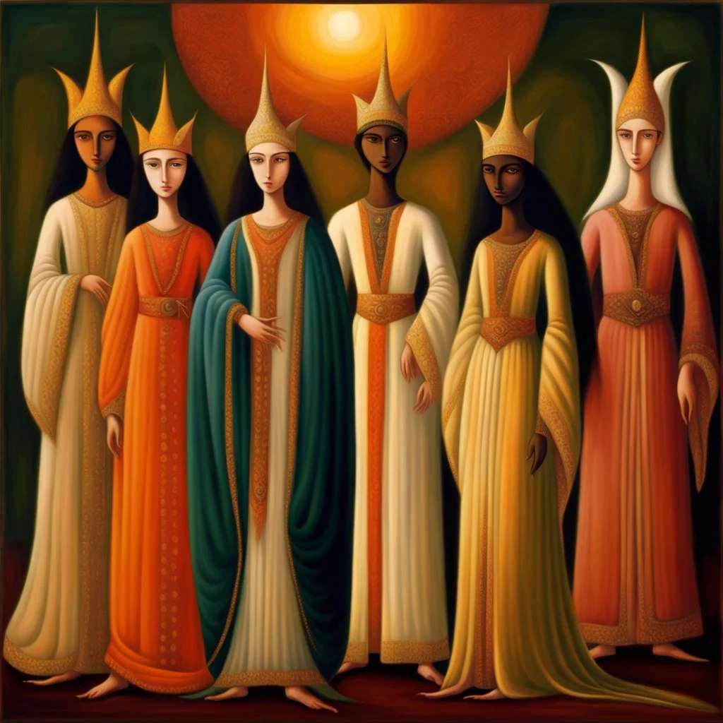 full_body:: young odalisques in magnificent robes:: in a 1001 Nights palace at sunset:: by artist "Leonora Carrington", by artist "Tarsila do Amaral":: Cinematic lighting with shadows emphasizing the character's determination:: eye_level perspective::