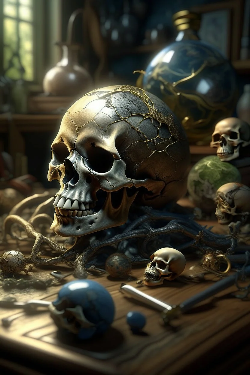 Bosch nightmares paint if style Title: skulls, spiders eyeglass earth globe model, human bones, "Bees, farm, snakes " Tuttle snakes, intricate insanely , scorpions ,detailed octane render trending on artstation, 8k artistic photography, photorealistic concept art, soft natural volumetric cinematic perfect light, chiaroscuro, award-winning photograph, masterpiece, oil on canvas, Raphael, Caravaggio, Greg Rutkowski, people, beksinski, Giger