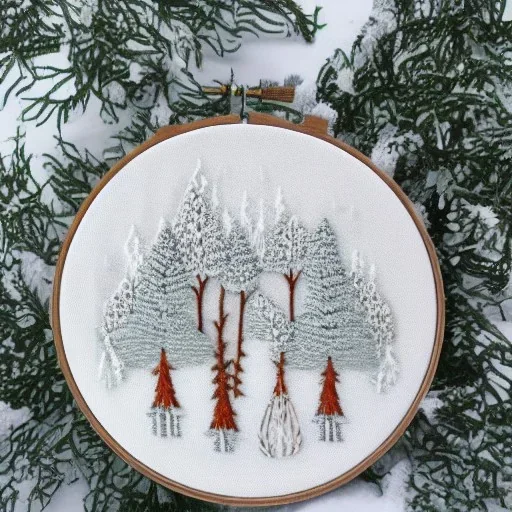 exquisite whimsical snowy forest in embroidery hoop, intricate, highly detailed, linen and wood backdrop