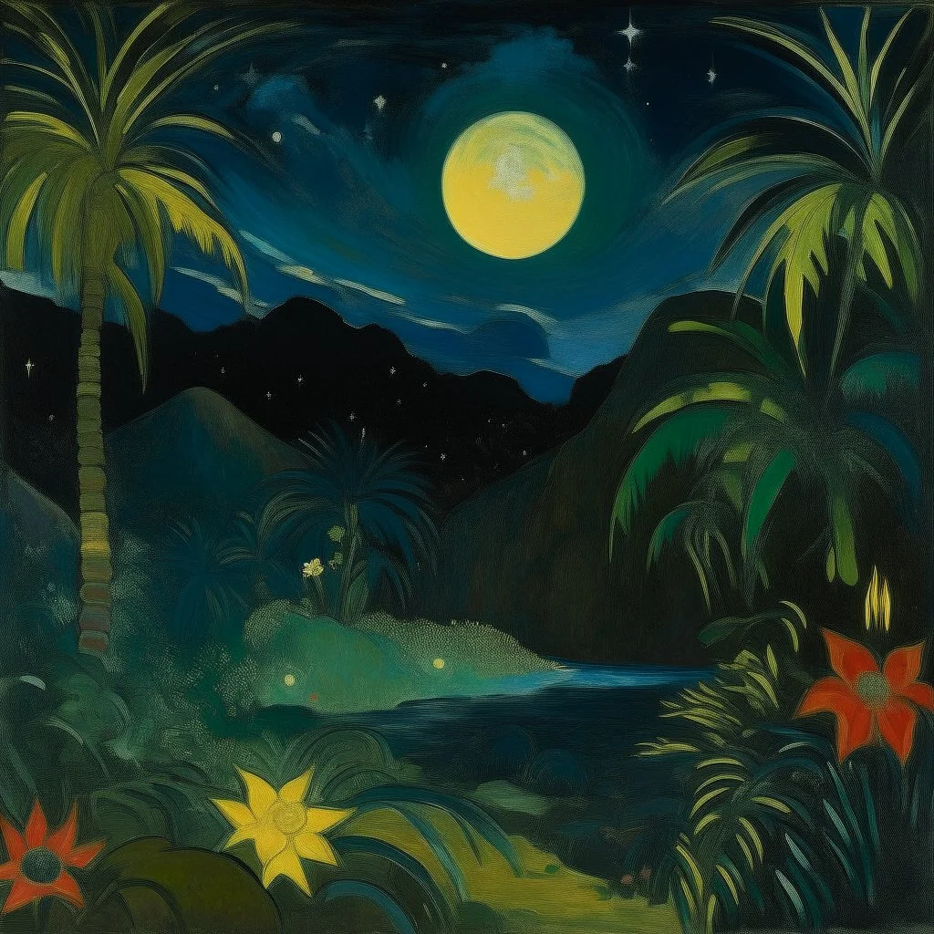 A black outer space with fast shooting stars painted by Paul Gauguin